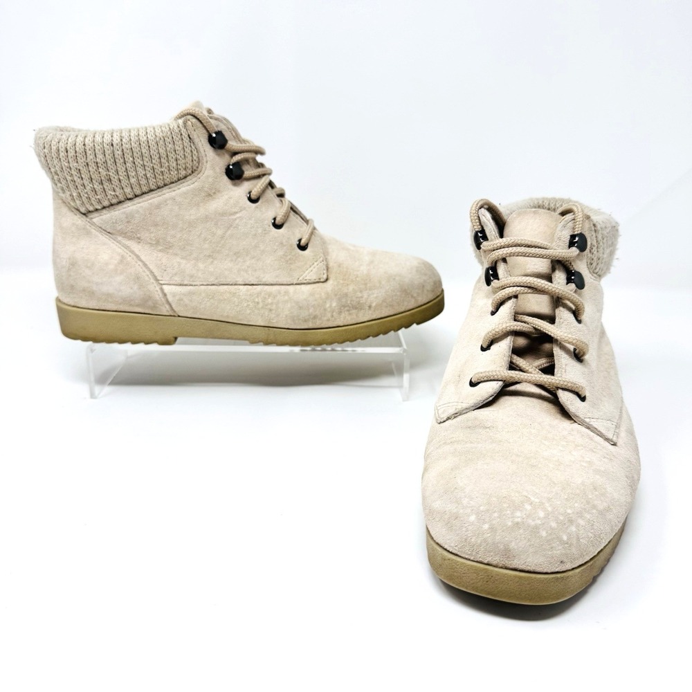 Laura Scott Ankle Boots Women 7.5M Beige Suede Knit Collar Lace Up Winter Bootie